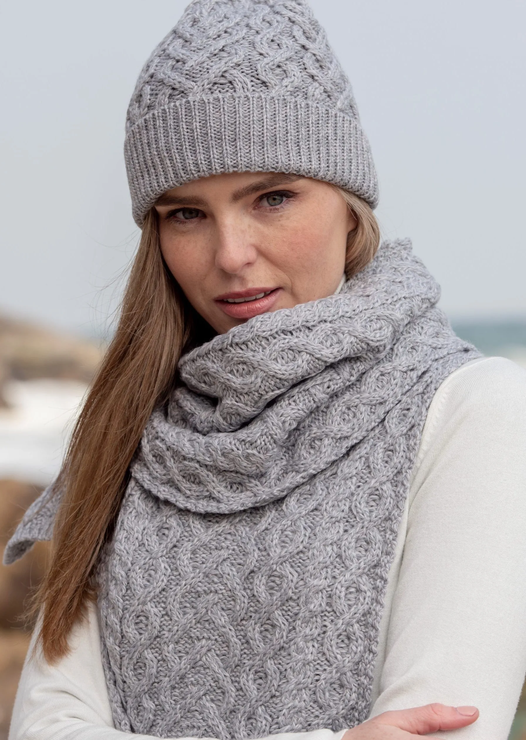 Aran Super Soft Heart Design Hat | Grey