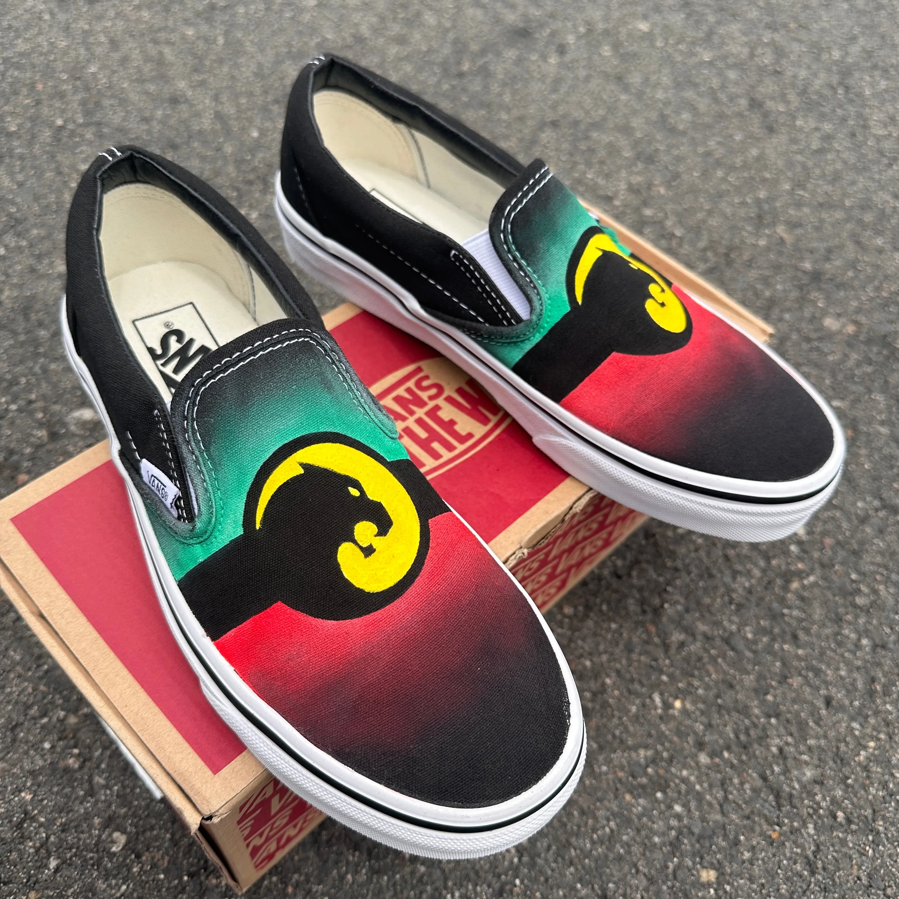 Black Panther Custom Vans Slip On Shoes - Black and White