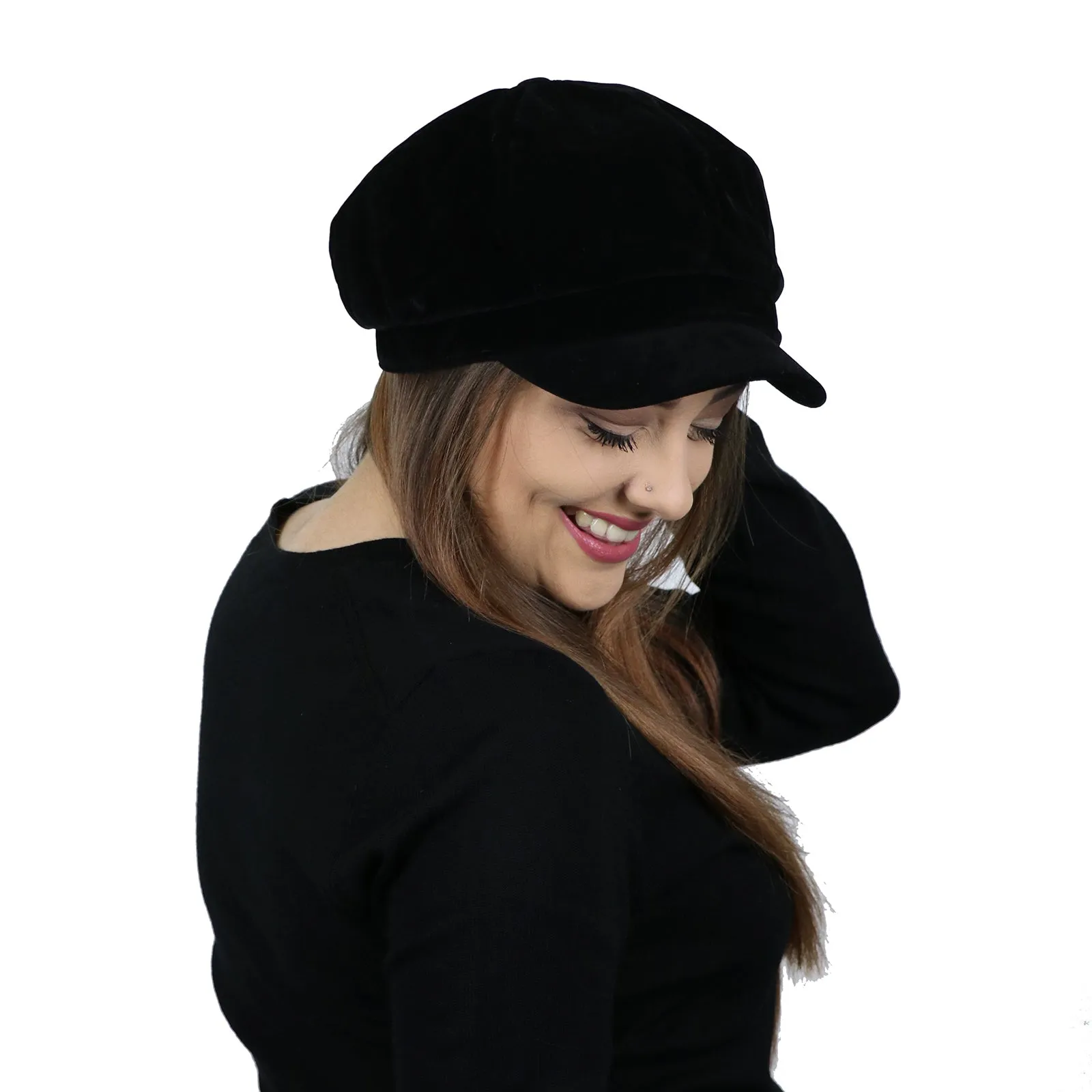 Black Velvet Newsboy Cabbie Hat for Women Chemo Headwear