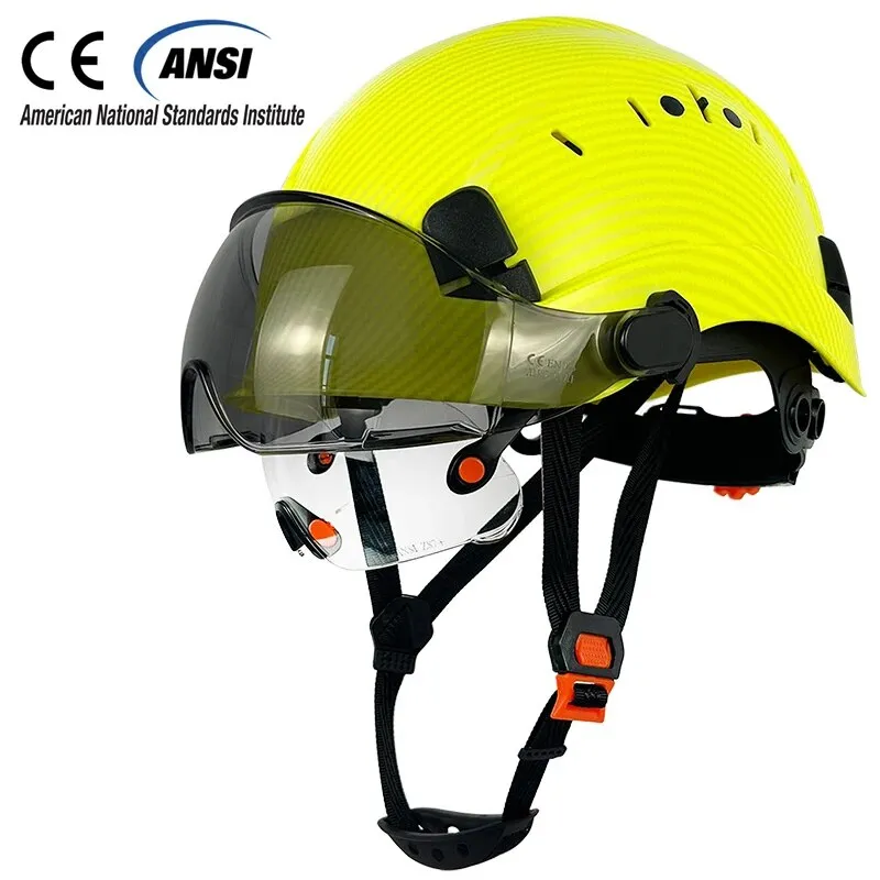 CE Carbon Fiber Pattern Construction Safety Helmet With Build In Visor Goggles