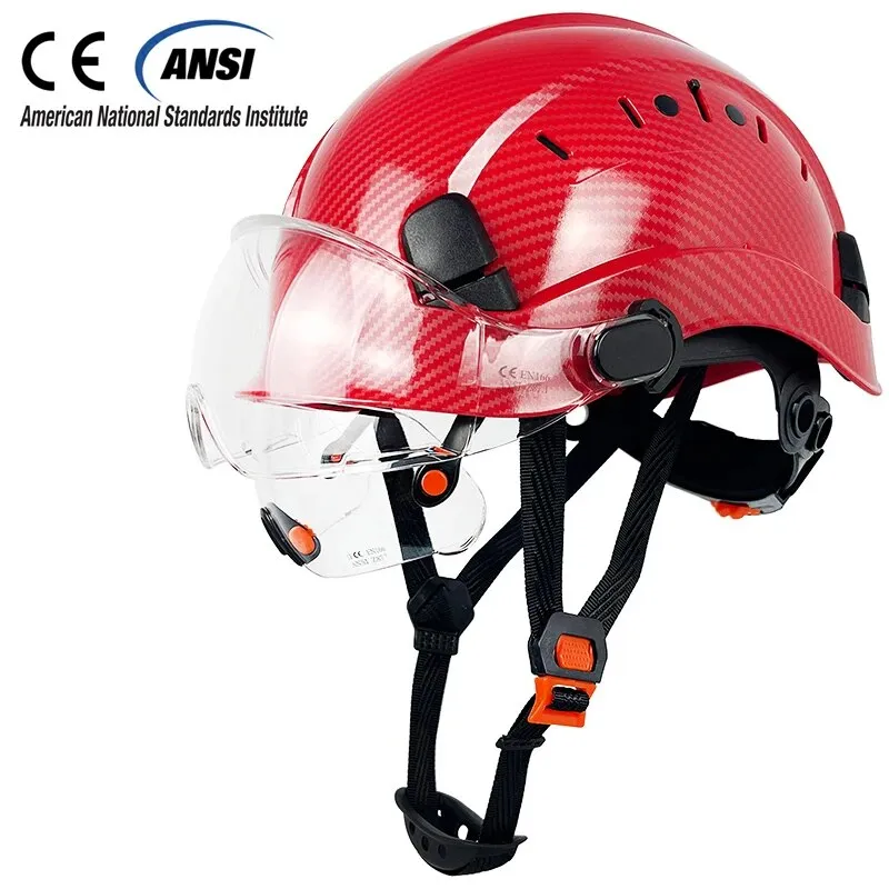 CE Carbon Fiber Pattern Construction Safety Helmet With Build In Visor Goggles