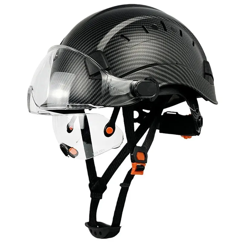 CE Carbon Fiber Pattern Construction Safety Helmet With Build In Visor Goggles