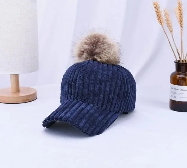 Corduroy Hair Ball Adjustable Hat