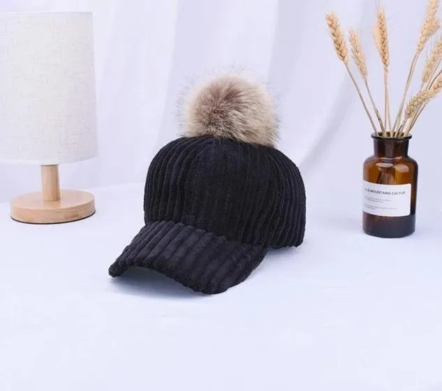 Corduroy Hair Ball Adjustable Hat