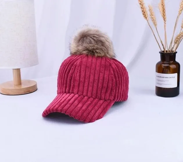 Corduroy Hair Ball Adjustable Hat