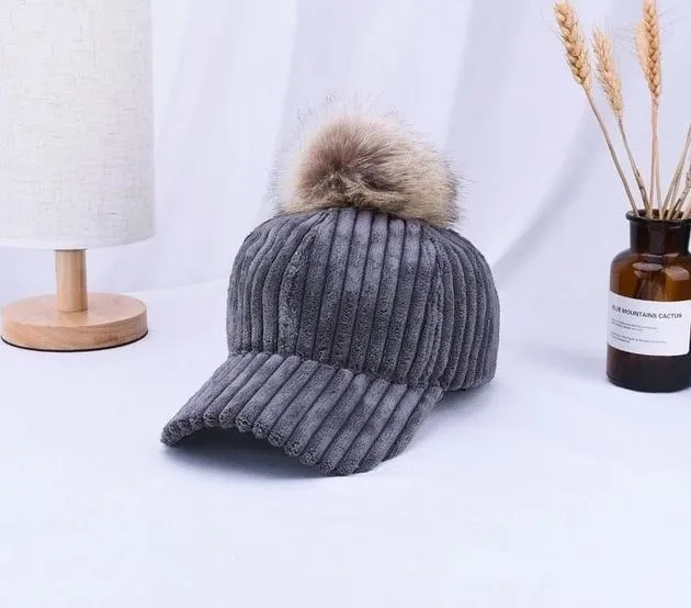 Corduroy Hair Ball Adjustable Hat