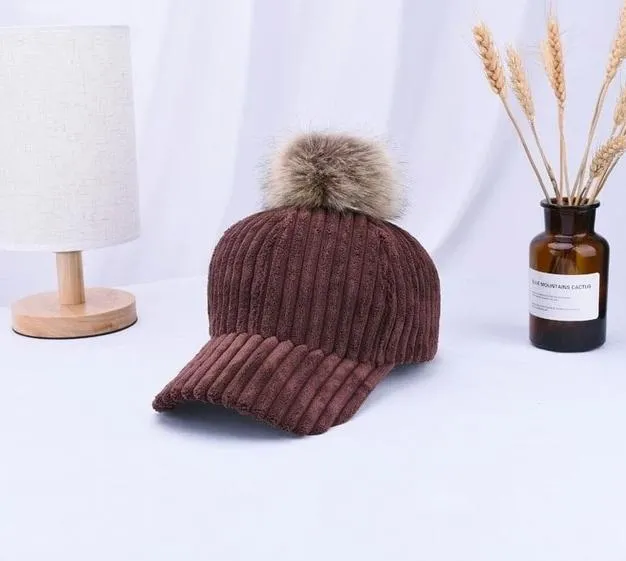 Corduroy Hair Ball Adjustable Hat