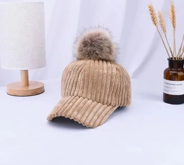 Corduroy Hair Ball Adjustable Hat