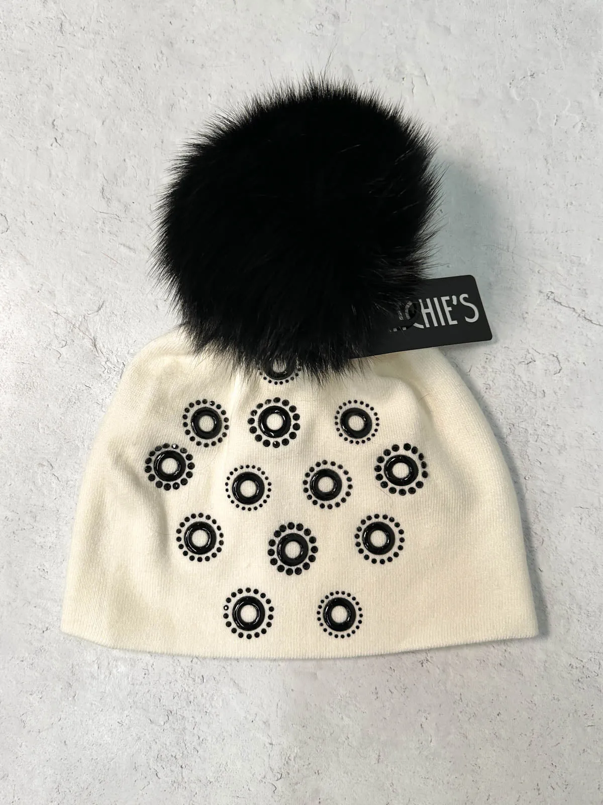 Crystal Circles Fur Pom Pom Beanie Hat, White