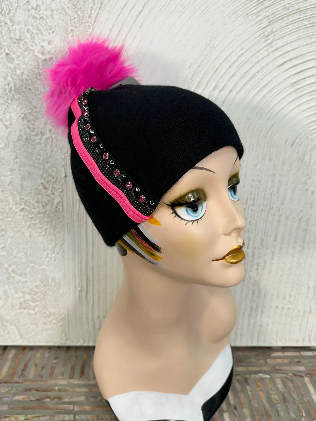 Crystals & Stripe Fur Pom Pom Beanie Hat, Black/Hot Pink