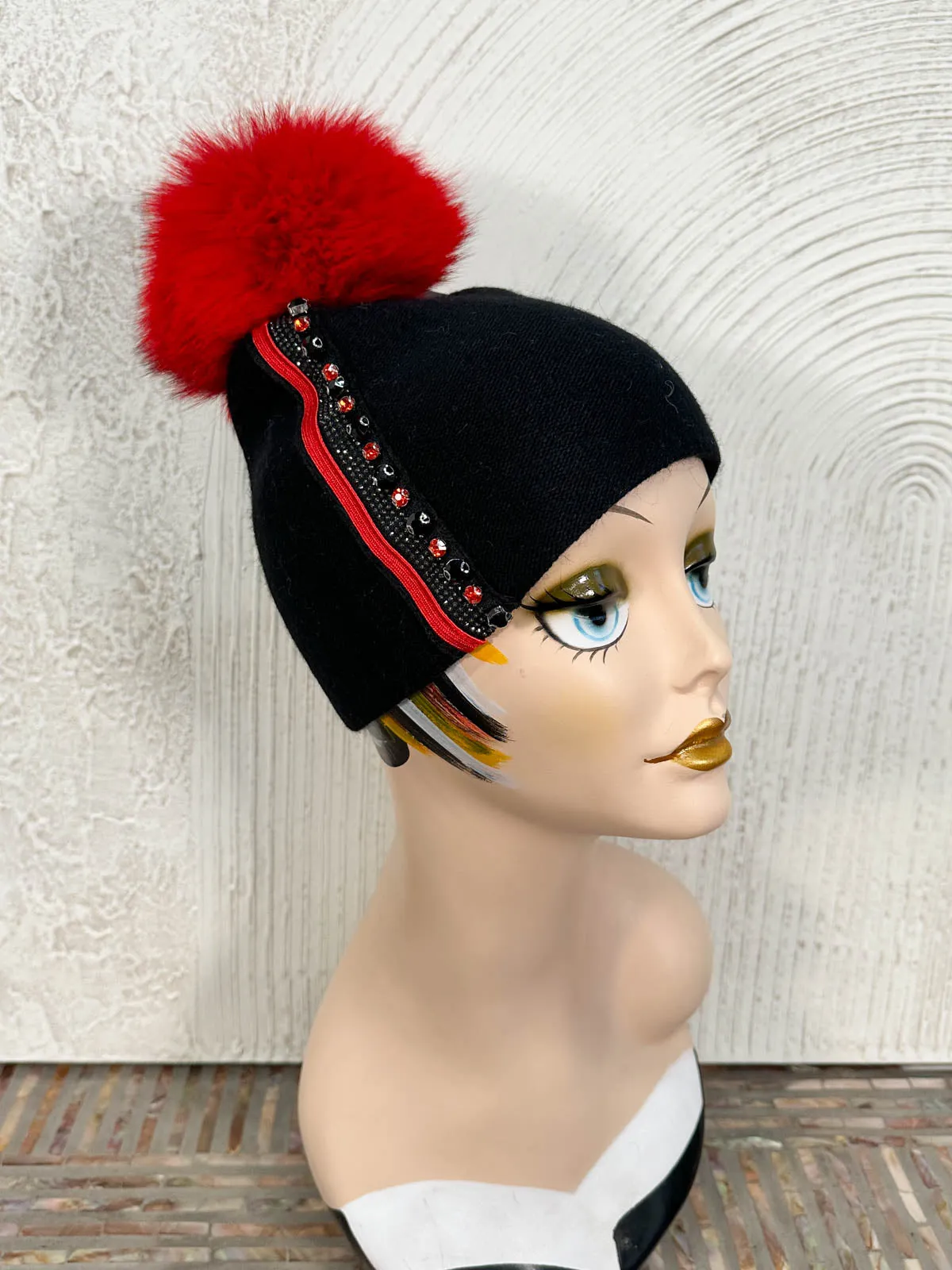 Crystals & Stripe Fur Pom Pom Beanie Hat, Black/Red