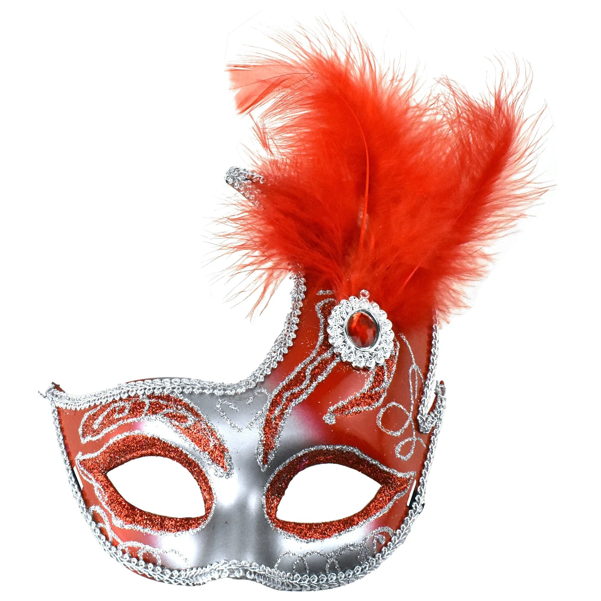 Fancy Feather and Gemstone Accent Mask, 10-1/4-Inch x 6-3/4-Inch - Red