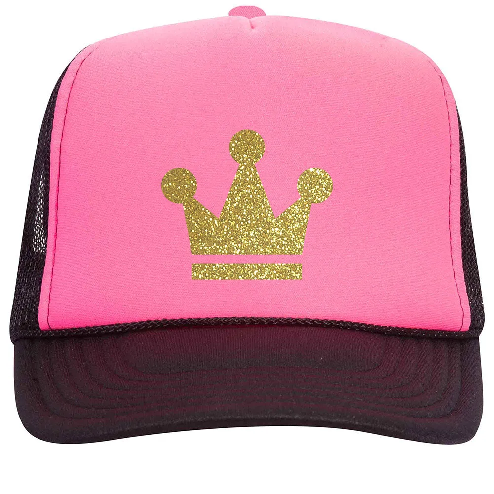 Gold Crown Glitter Printed Neon 5 Panel High Crown Foam Mesh Back Trucker Hat - for Men and Women