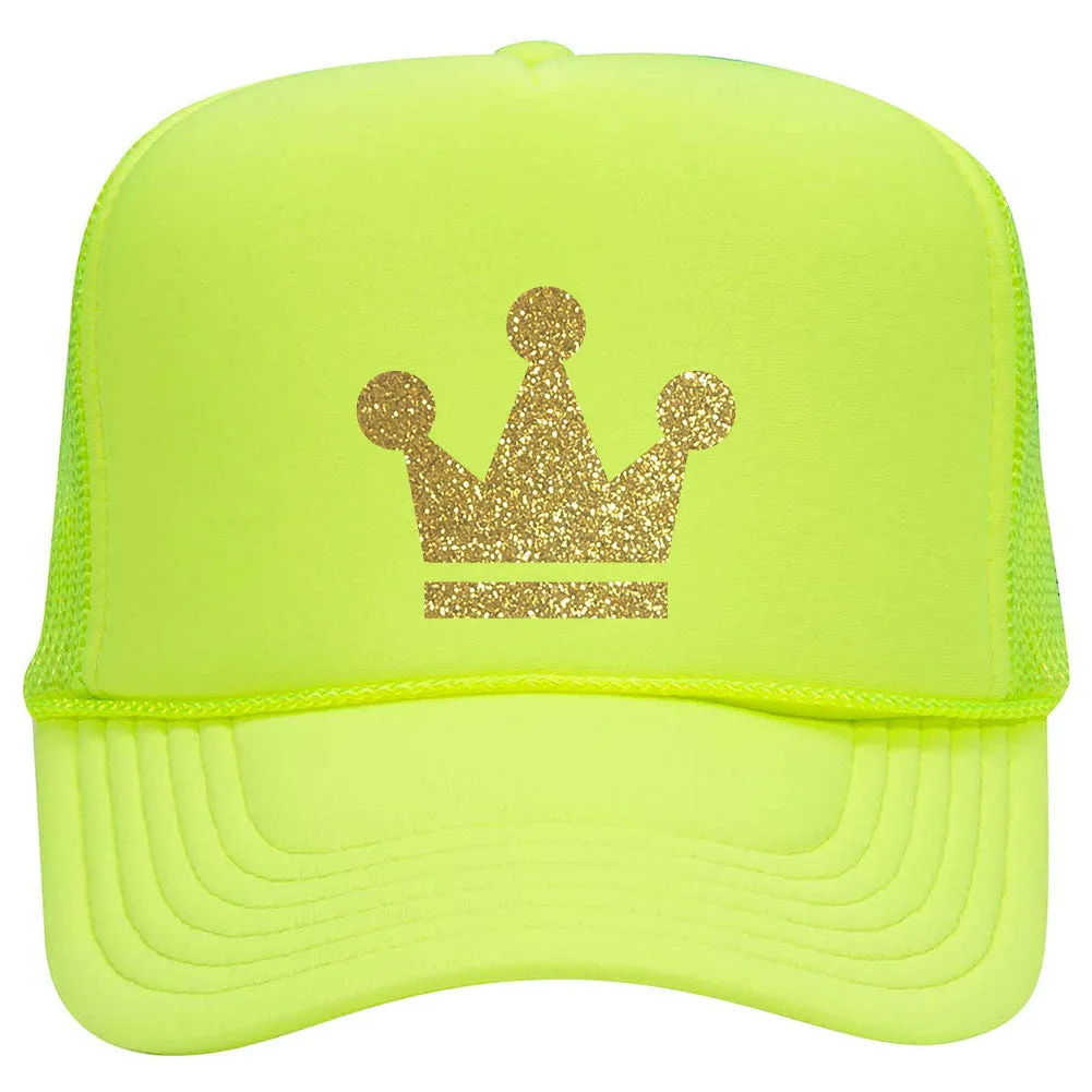 Gold Crown Glitter Printed Neon 5 Panel High Crown Foam Mesh Back Trucker Hat - for Men and Women