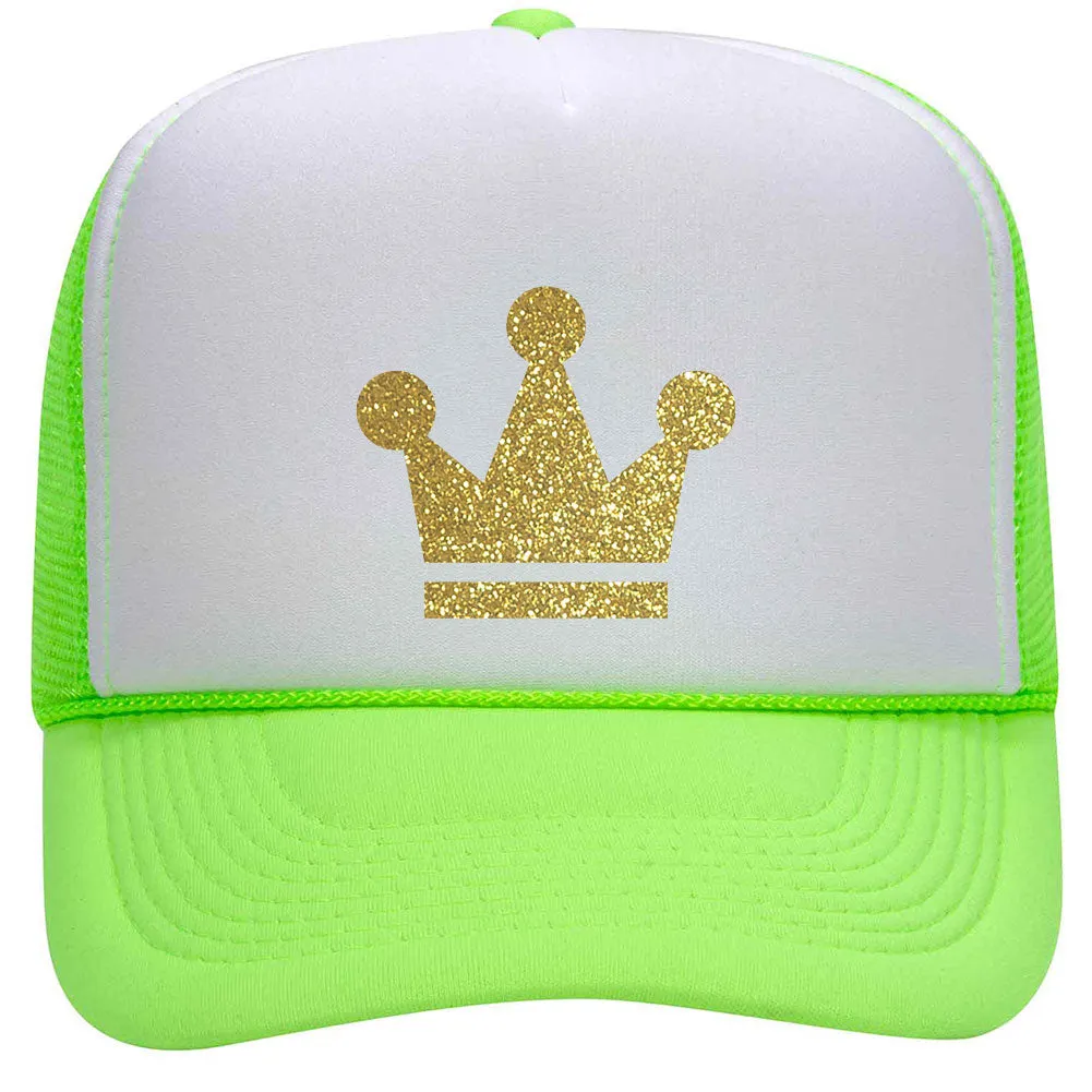 Gold Crown Glitter Printed Neon 5 Panel High Crown Foam Mesh Back Trucker Hat - for Men and Women