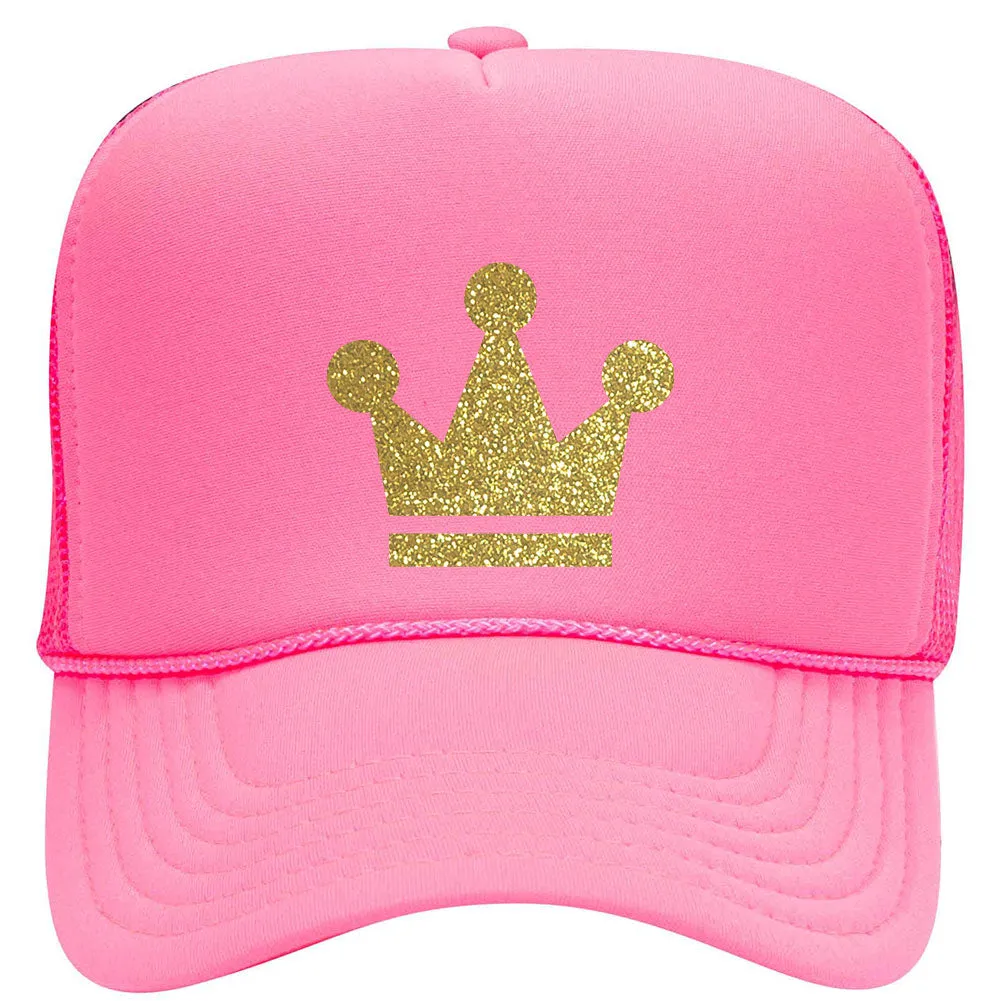 Gold Crown Glitter Printed Neon 5 Panel High Crown Foam Mesh Back Trucker Hat - for Men and Women