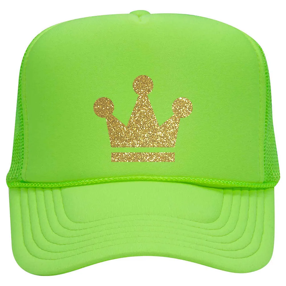 Gold Crown Glitter Printed Neon 5 Panel High Crown Foam Mesh Back Trucker Hat - for Men and Women