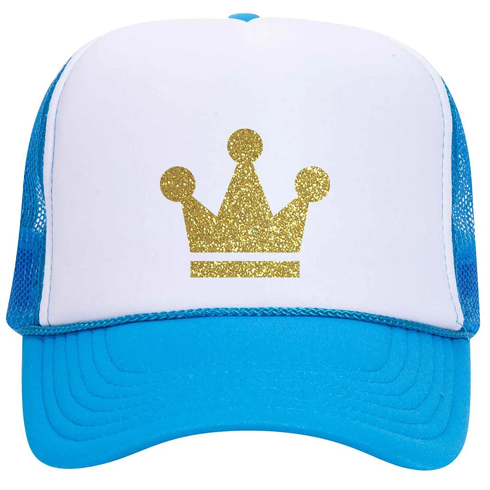 Gold Crown Glitter Printed Neon 5 Panel High Crown Foam Mesh Back Trucker Hat - for Men and Women