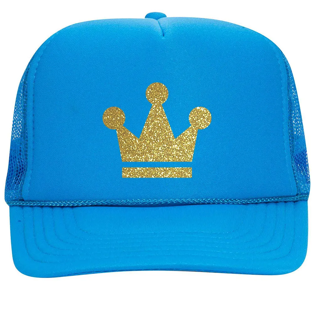 Gold Crown Glitter Printed Neon 5 Panel High Crown Foam Mesh Back Trucker Hat - for Men and Women