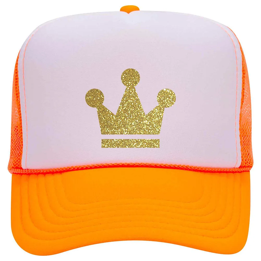 Gold Crown Glitter Printed Neon 5 Panel High Crown Foam Mesh Back Trucker Hat - for Men and Women