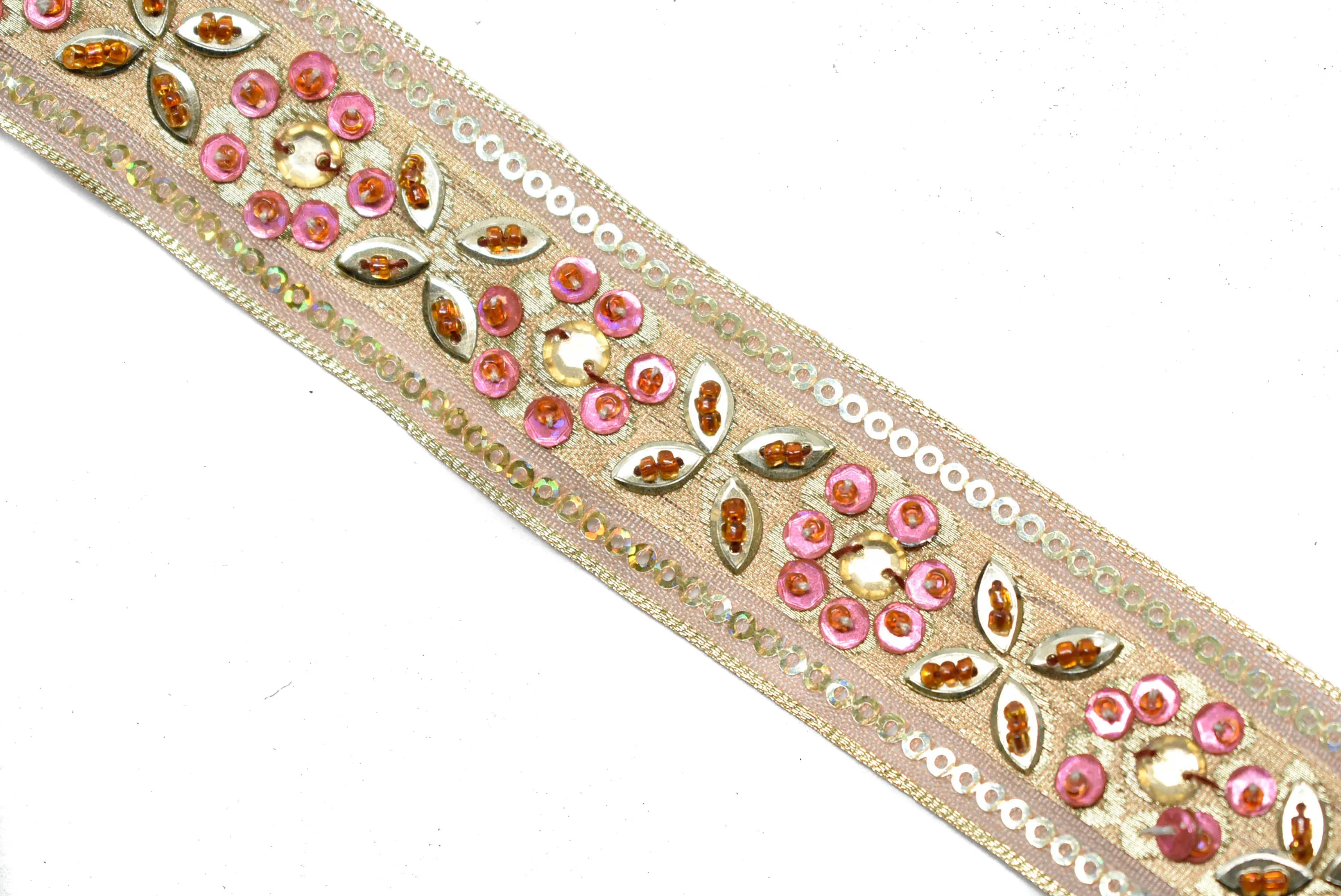 Gold Sequins and Pink Beaded Floral Mesh Trim 1.25"- 1 Yard