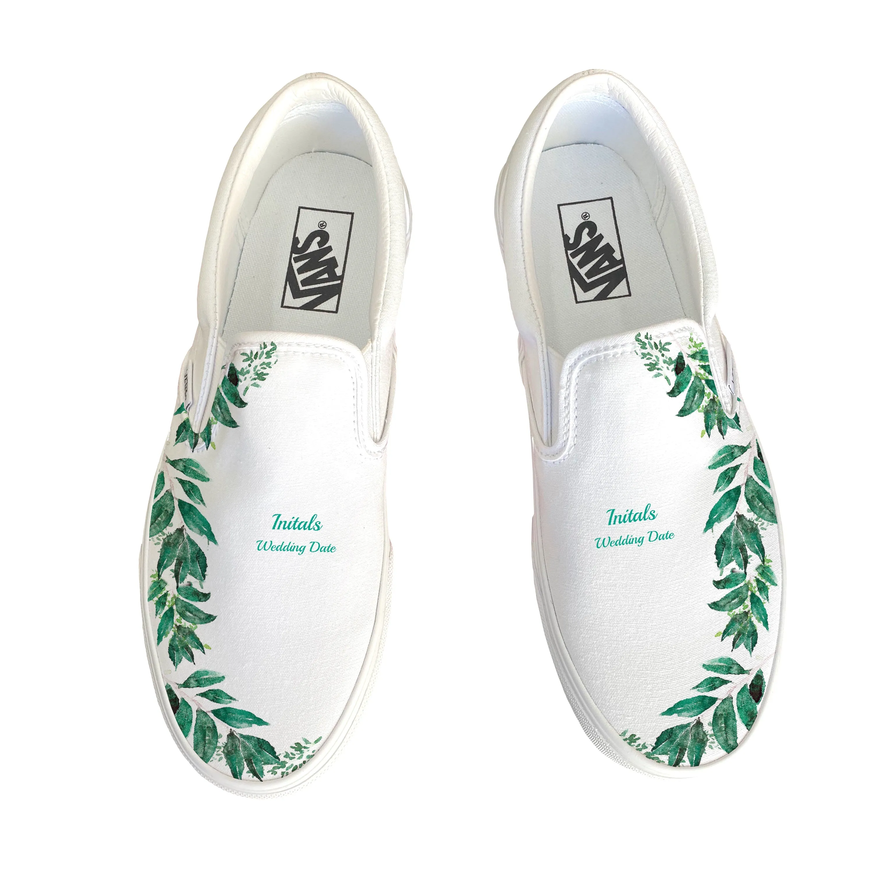 Green Leaves White Wedding Vans Slip On Shoes