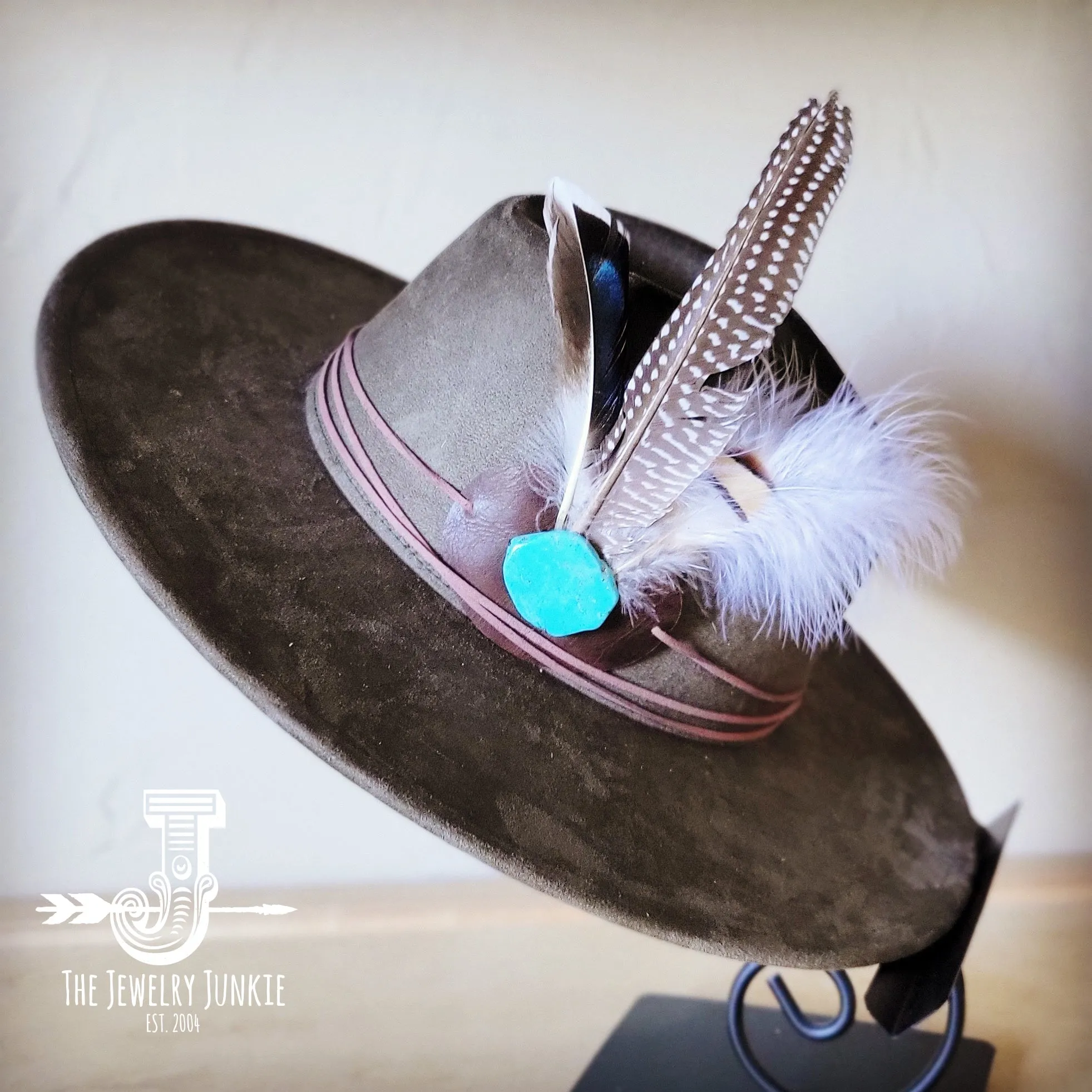 Guinea Marabou Feather & Turquoise Slab Hat Band   Choice of Hat 985y