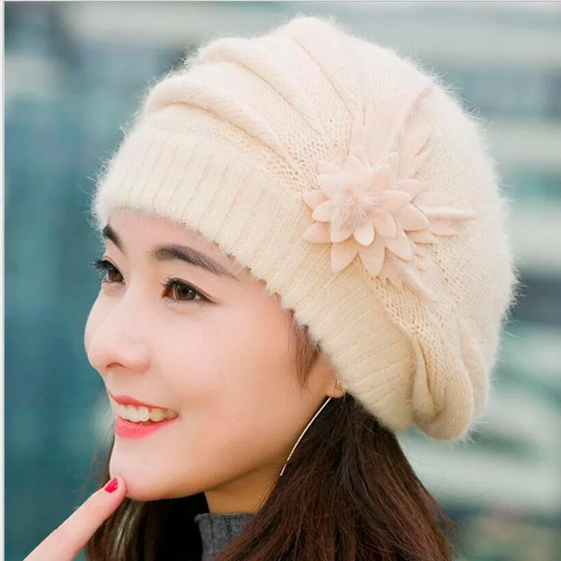 Hot Berets Hat Beanie Fashion Spring Autumn Winter Hat Warm Flower Knit Crochet Cute Casual Cap For Women&#39;s Girl Female