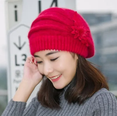 Hot Berets Hat Beanie Fashion Spring Autumn Winter Hat Warm Flower Knit Crochet Cute Casual Cap For Women&#39;s Girl Female