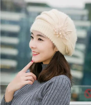 Hot Berets Hat Beanie Fashion Spring Autumn Winter Hat Warm Flower Knit Crochet Cute Casual Cap For Women&#39;s Girl Female