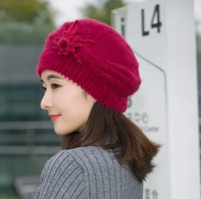 Hot Berets Hat Beanie Fashion Spring Autumn Winter Hat Warm Flower Knit Crochet Cute Casual Cap For Women&#39;s Girl Female