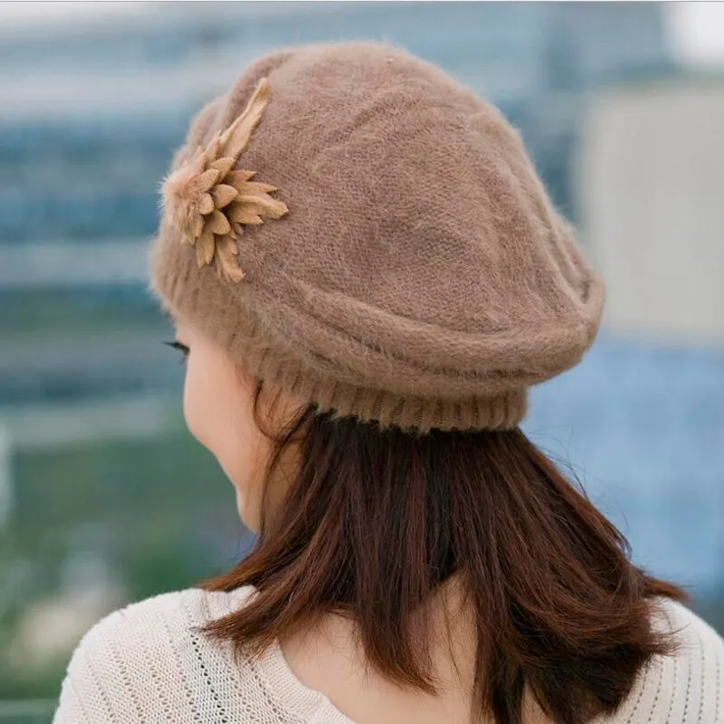 Hot Berets Hat Beanie Fashion Spring Autumn Winter Hat Warm Flower Knit Crochet Cute Casual Cap For Women&#39;s Girl Female