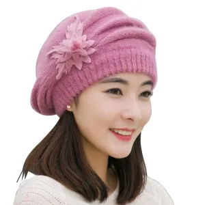 Hot Berets Hat Beanie Fashion Spring Autumn Winter Hat Warm Flower Knit Crochet Cute Casual Cap For Women&#39;s Girl Female