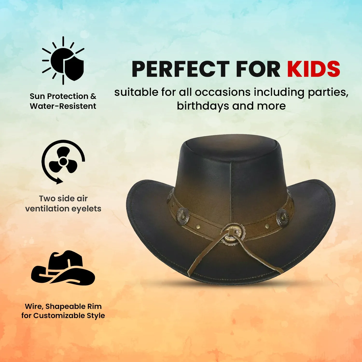 Kids Children's Western Real Leather Tan Brown Cowboy Bush Hat Fancy Dress