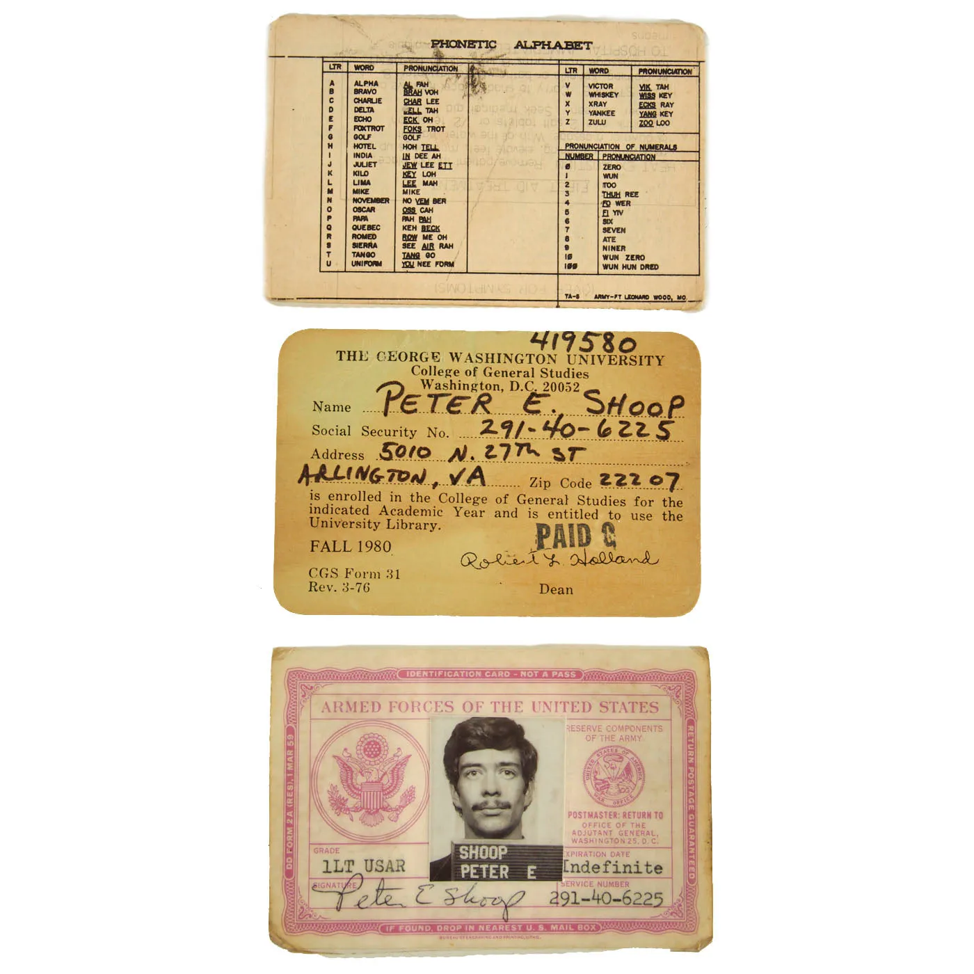 Original U.S. Vietnam War Era 11th Special Forces Group (Airborne) Green Beret Grouping With ID Card and Special Forces Association Cards - 1st Lieutenant Peter E. Shoop