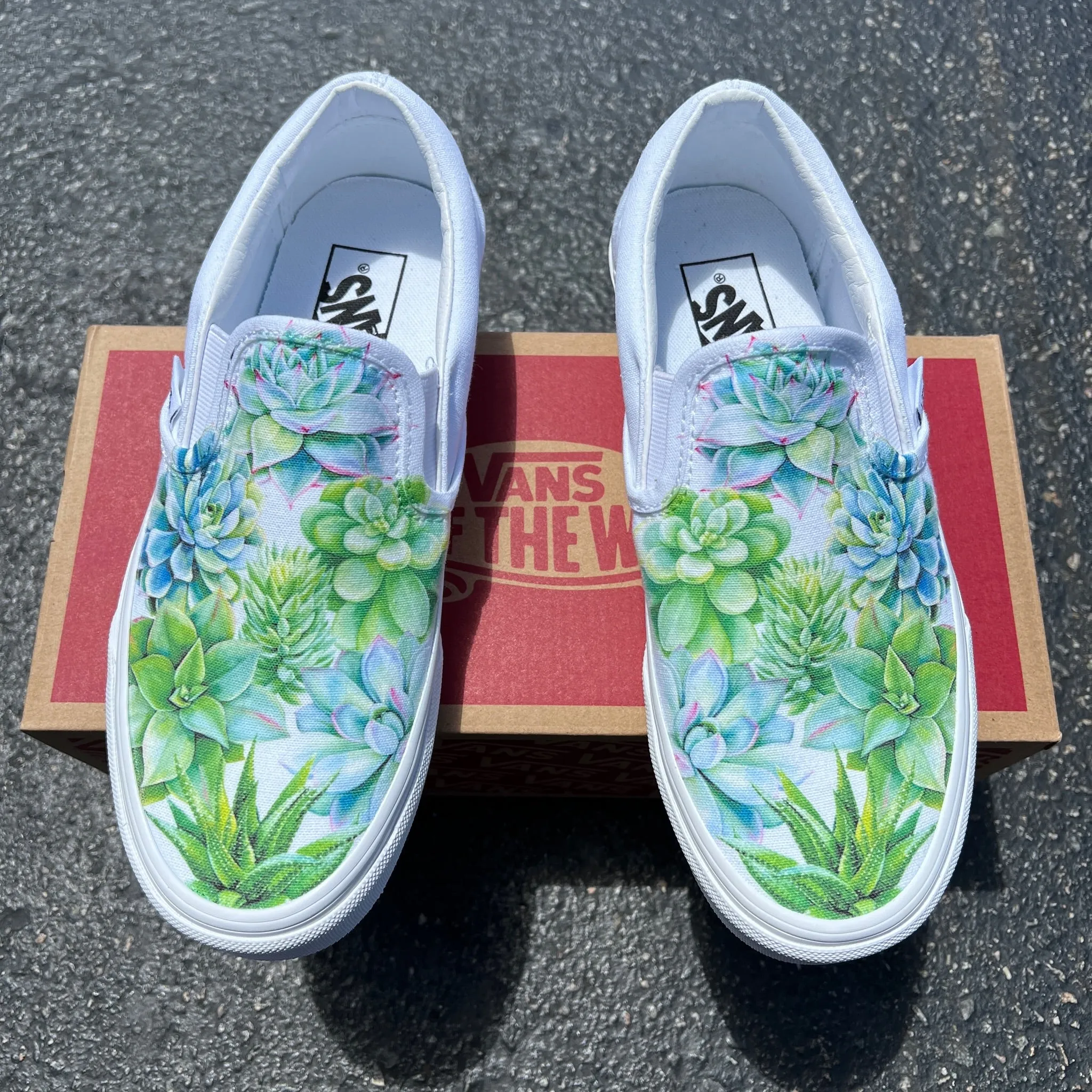 Sucker for Succulents - White Slip On Vans