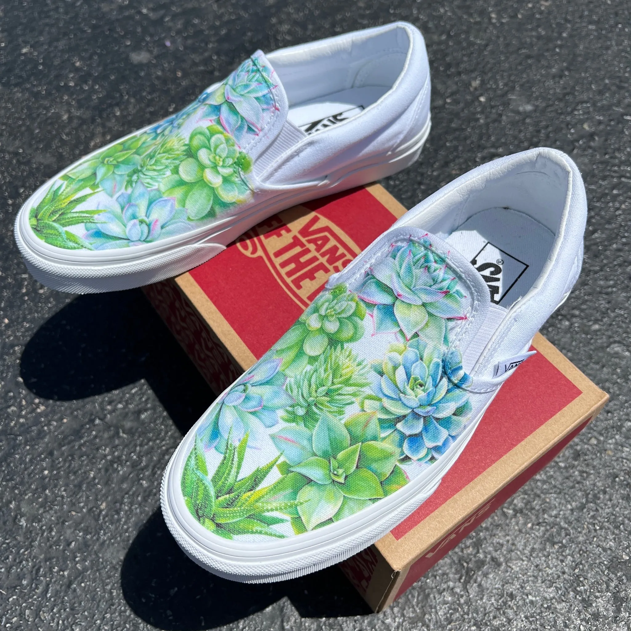 Sucker for Succulents - White Slip On Vans