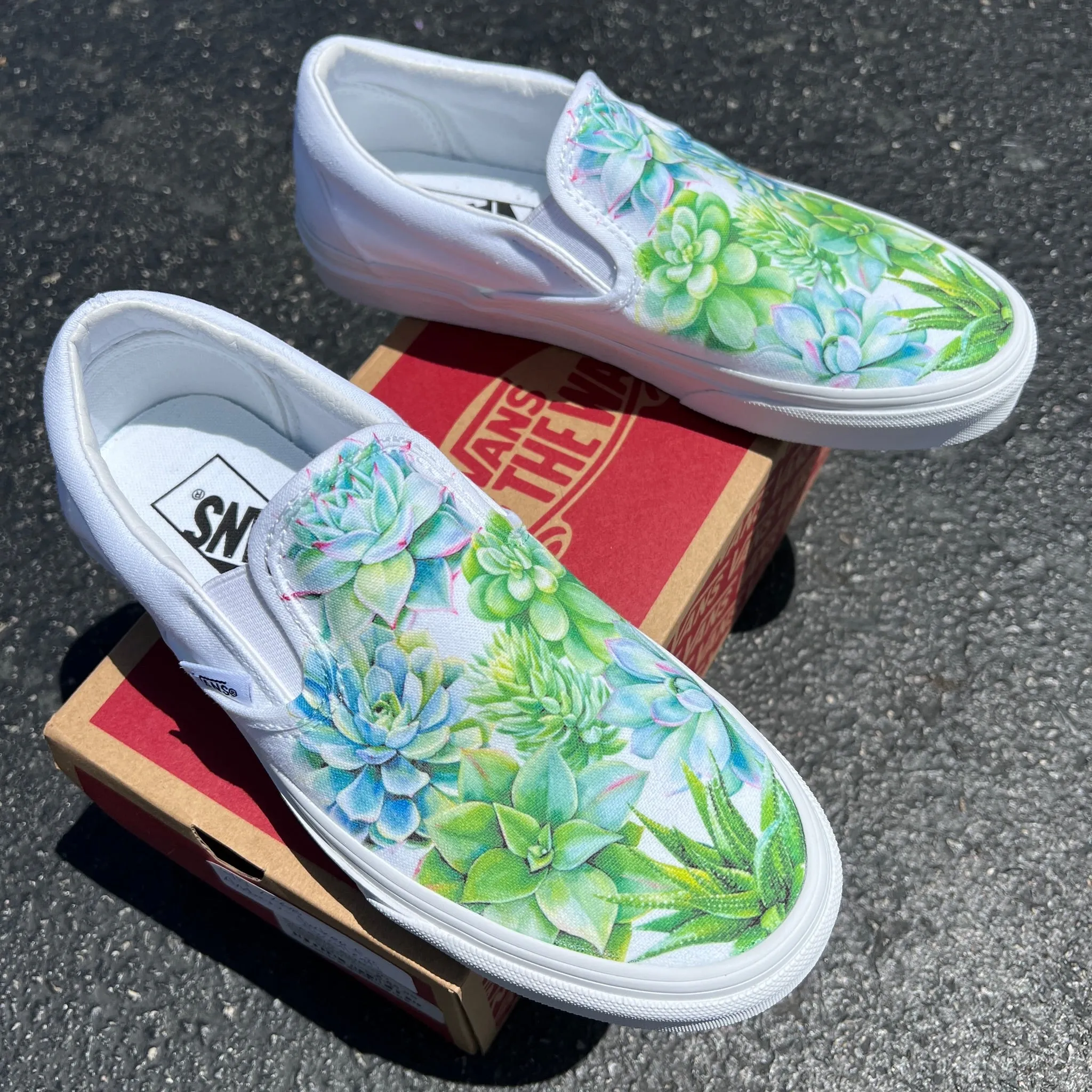 Sucker for Succulents - White Slip On Vans