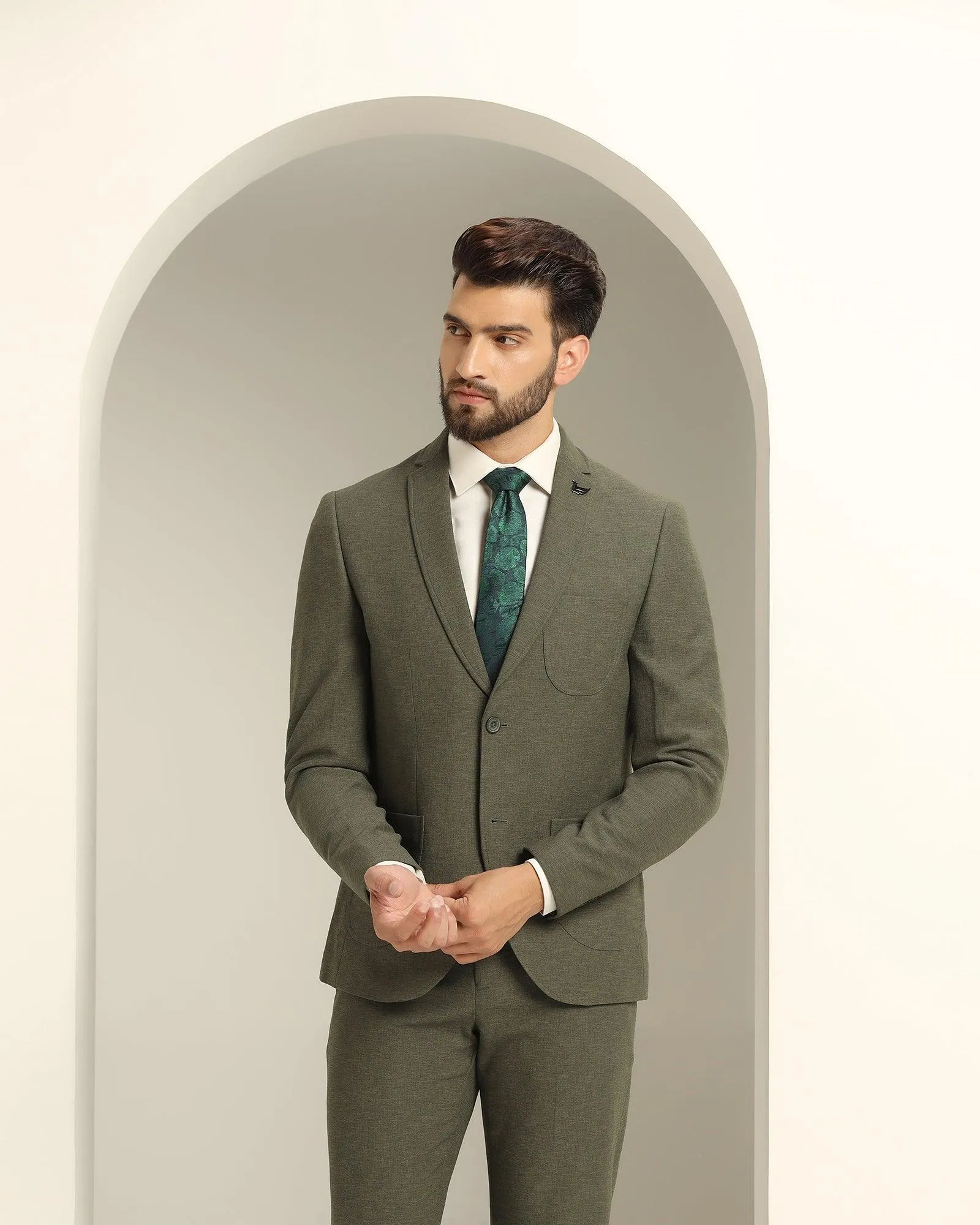 Two Piece Olive Green Solid Formal Suit - Juttex