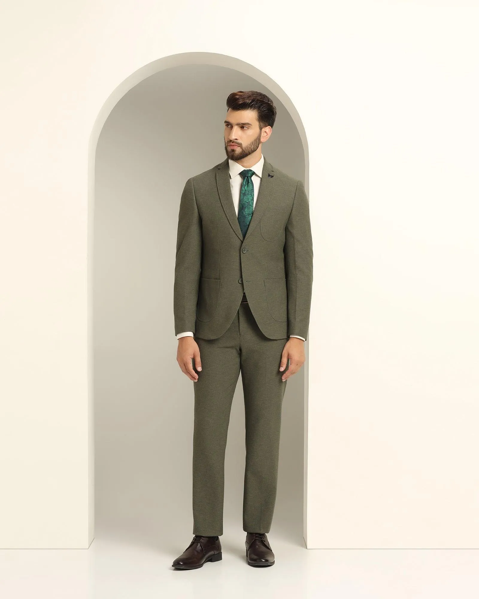 Two Piece Olive Green Solid Formal Suit - Juttex