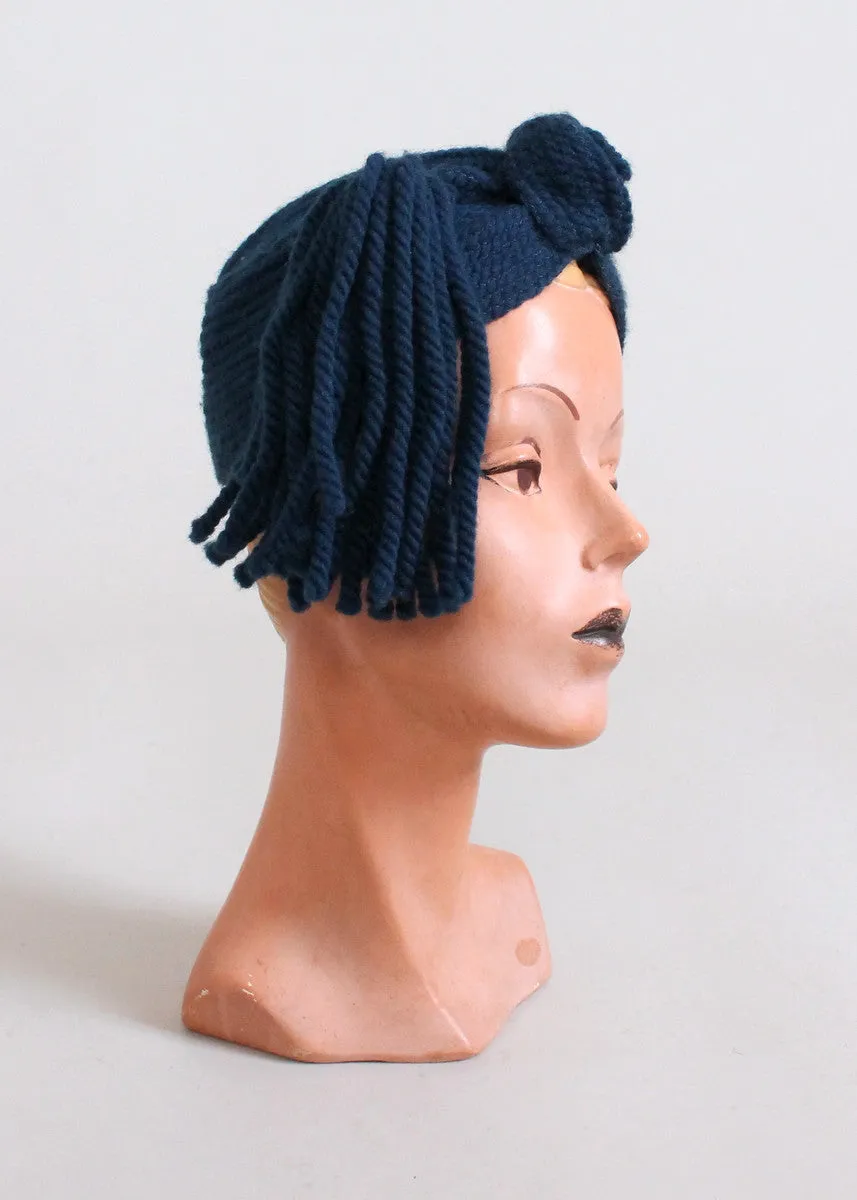 Vintage 1940s Blue Knit Tassel Turban Hat