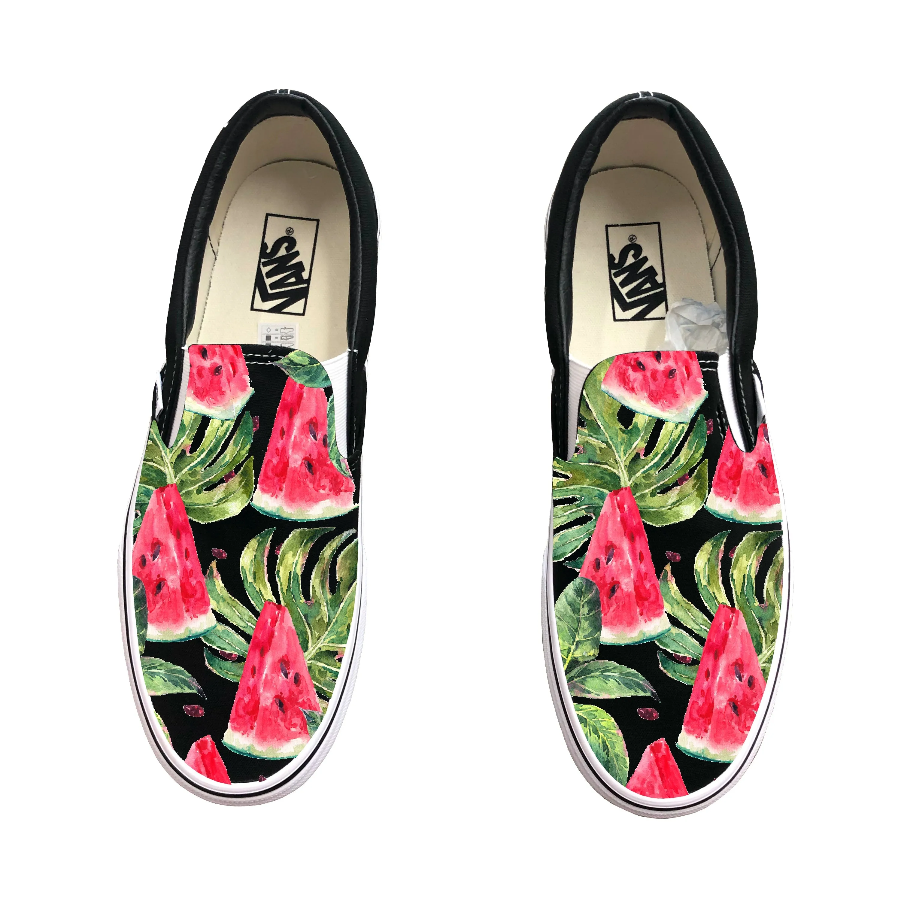 Watermelon Pattern on Black Slip on Vans